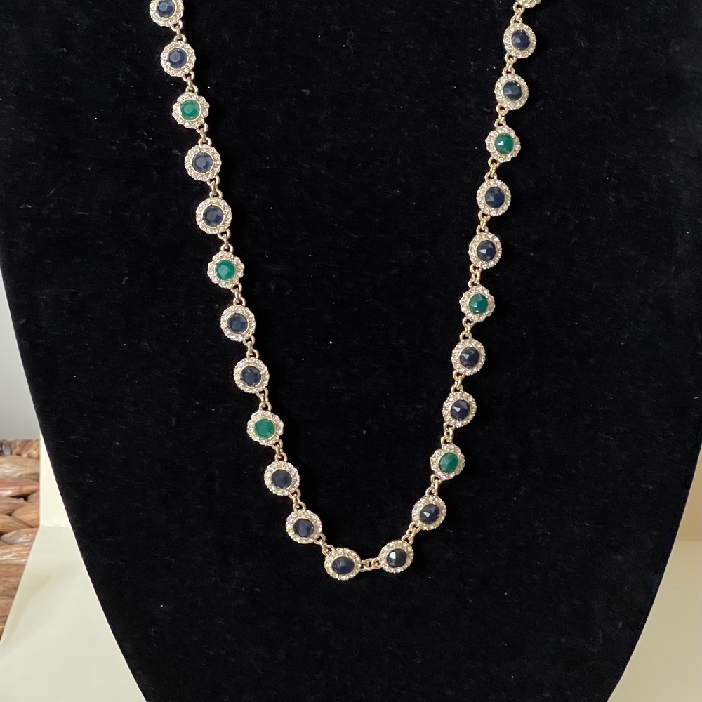 Ann Taylor green, dark blue, clear rhinestone long necklace